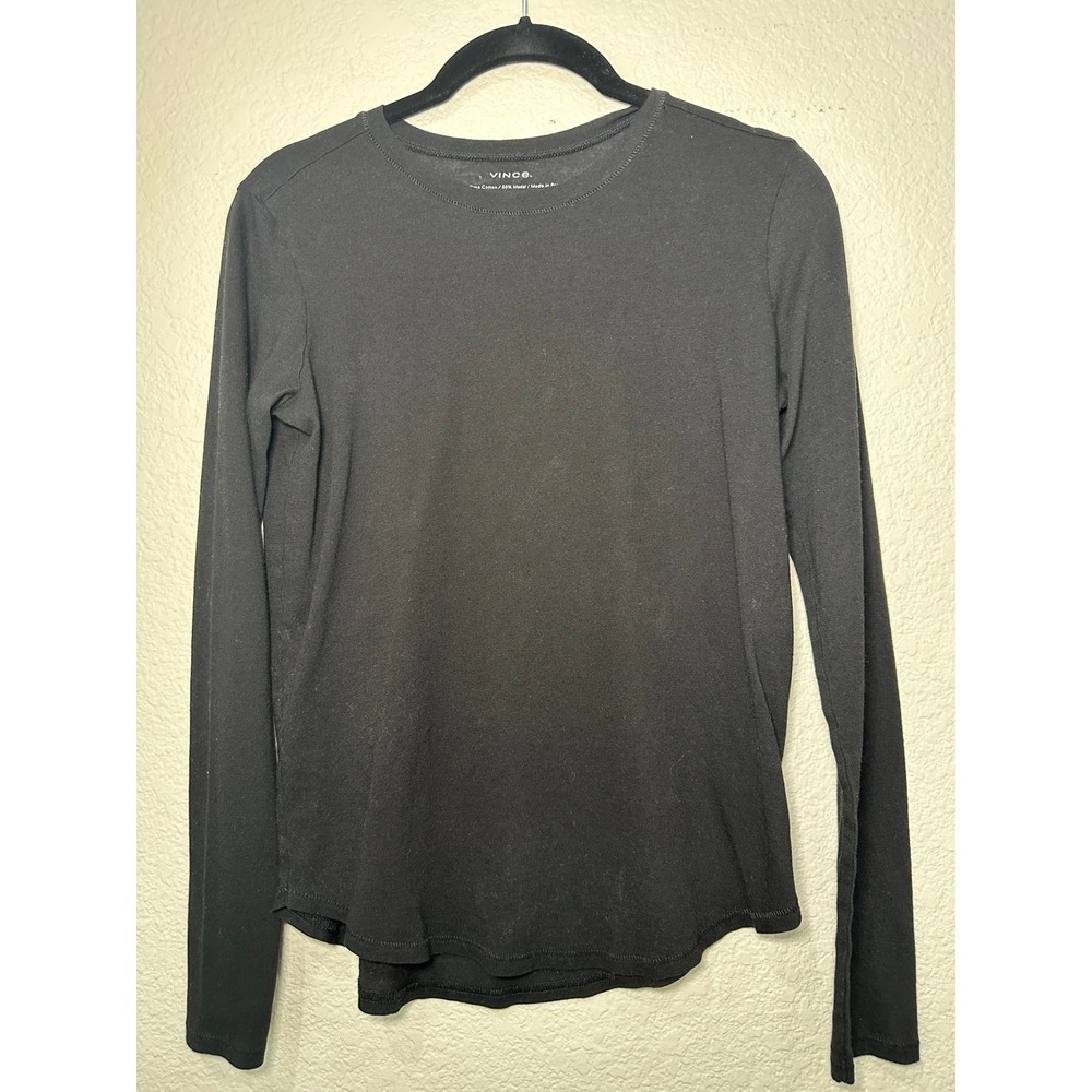 Vince Womens Black Pima Cotton Modal Long Sleeve Crew Neck T-Shirt Size S